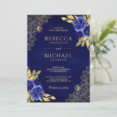 Invitation Mariage Code QR Broderie Dorée Fleurie Bleu Royal (Debout devant)