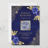 Invitation Mariage Code QR Broderie Dorée Fleurie Bleu Royal (Dos)