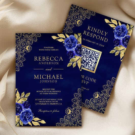 Invitation Mariage Code QR Broderie Dorée Fleurie Bleu Royal