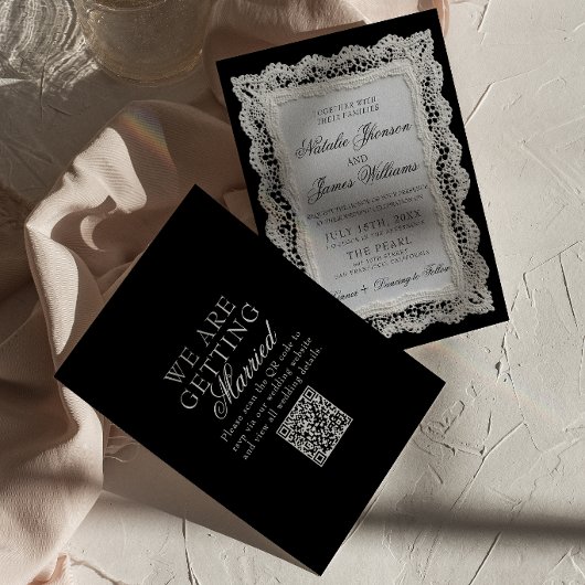 Invitation Mariage Code QR Brun Chocolat Dentelle Vieille For
