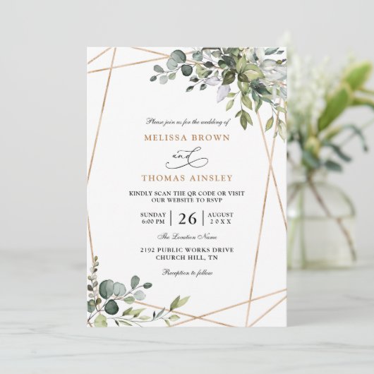 Invitation Mariage Code QR Budget Eucalyptus Végétal Rustique (Debout devant)