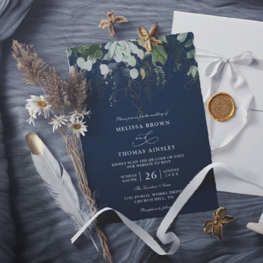 Invitation Mariage Code QR Budget Feuille d'Or Navy Vert