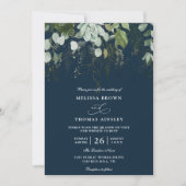 Invitation Mariage Code QR Budget Feuille d'Or Navy Vert (Devant)