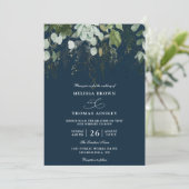 Invitation Mariage Code QR Budget Feuille d'Or Navy Vert (Debout devant)