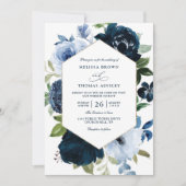 Invitation Mariage Code QR Budget Fleurs Navy Modernes (Devant)
