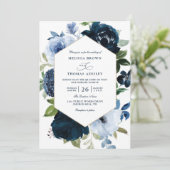 Invitation Mariage Code QR Budget Fleurs Navy Modernes (Debout devant)