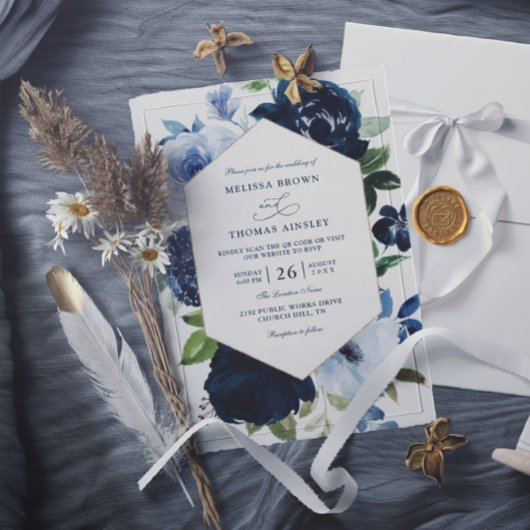 Invitation Mariage Code QR Budget Fleurs Navy Modernes