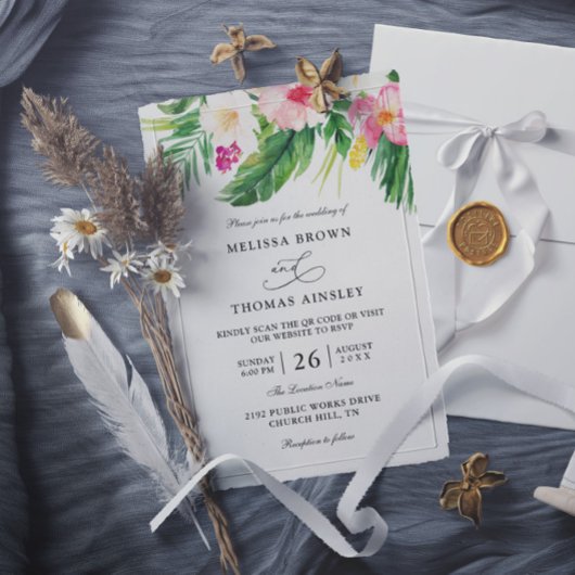 Invitation Mariage Code QR Budget Fleurs Tropicales Aquarelle