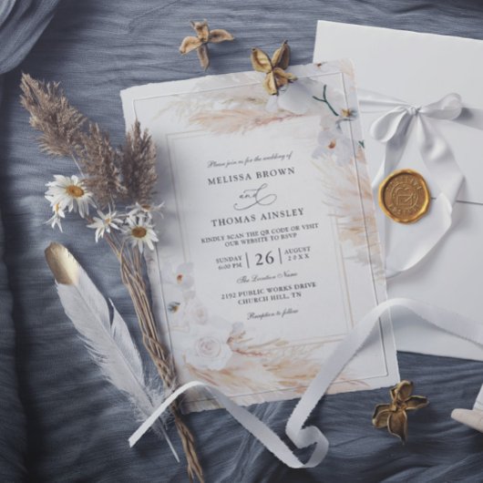 Invitation Mariage Code QR Budget Herbe de la Pampa Orchidées