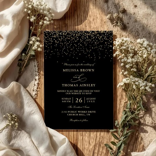 Invitation Mariage Code QR Budget Moderne Confettis Or Noir