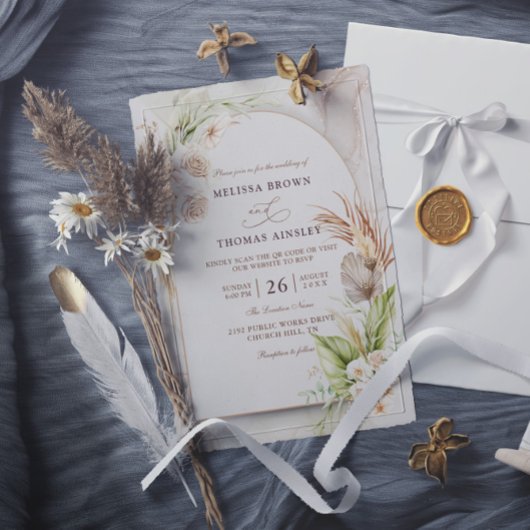Invitation Mariage Code QR Budget Pampas Fleurs Bohème