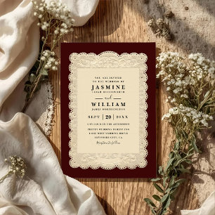 Invitation Mariage code QR burgundy dentelle en papier vintag
