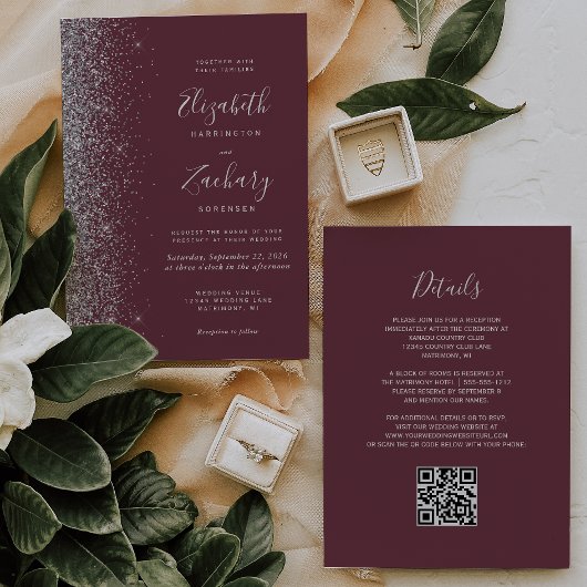 Invitation Mariage Code QR Burgundy Paillettes Argentées Mode