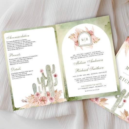 Invitation Mariage Code QR Cactus Floral Boho Rose