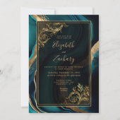 Invitation Mariage Code QR Cadre Luxe Agate Sarcelle Or (Devant)