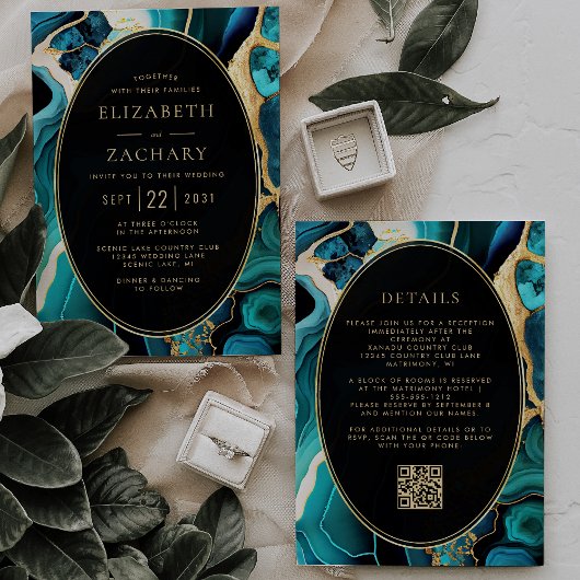 Invitation Mariage Code QR Cadre Ovale Or Agate Sarcelle