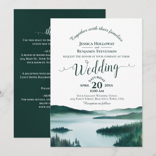 Invitation Mariage Code QR Calligraphie Élégante Lac de Monta (Devant / Derrière)