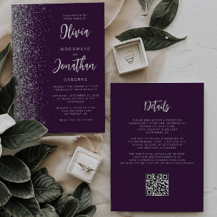 Invitation Mariage Code QR Calligraphie Paillettes Argent Vio