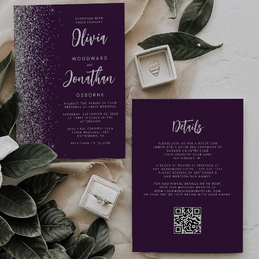 Invitation Mariage Code QR Calligraphie Paillettes Argent Vio