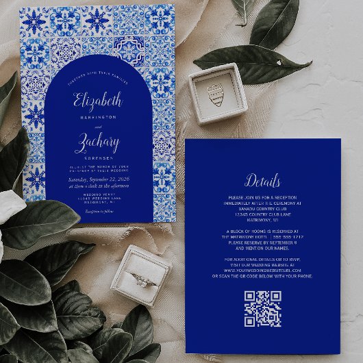 Invitation Mariage Code QR Carreau Portugais Arc Bleu Rustiqu