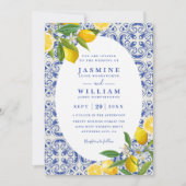 Invitation Mariage Code QR Carreaux Bleus Boho et Citrons (Devant)