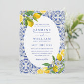 Invitation Mariage Code QR Carreaux Bleus Boho et Citrons (Debout devant)