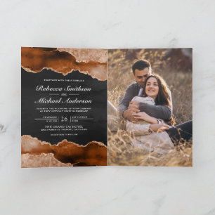 Invitation Mariage Code QR Charbon de Marbre Agate Orange Brû