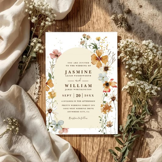 Invitation Mariage Code QR Chic Arc de Prairie Fleurs Sauvage