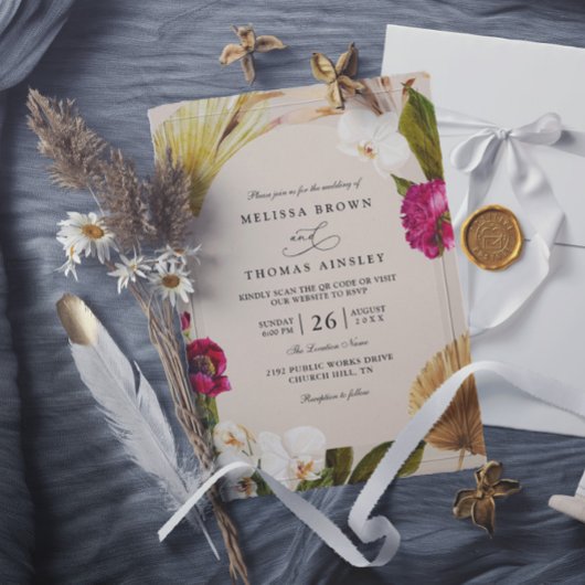 Invitation Mariage Code QR Chic Bohème Beige Neutre Vert Roug