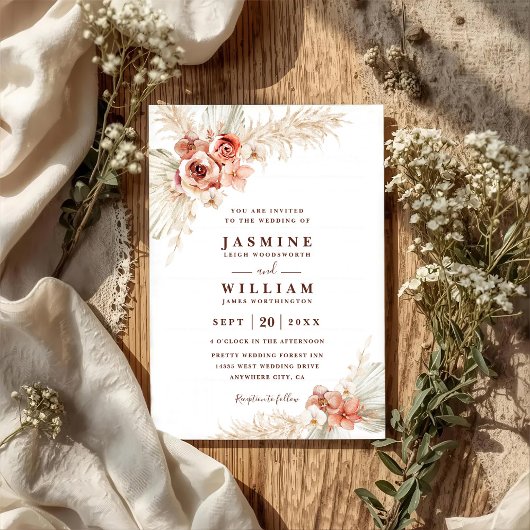 Invitation Mariage Code QR Chic Élégant Floral Boho Pampas