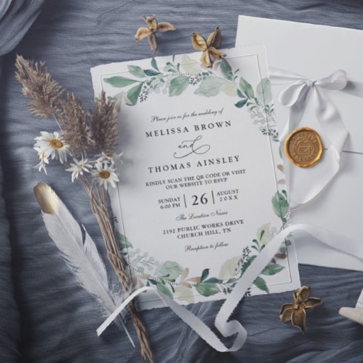Invitation Mariage Code QR Chic Feuilles d'Eucalyptus Aquarel