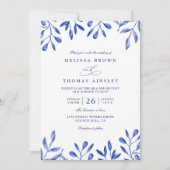 Invitation Mariage Code QR Chic Feuilles Florales Bleues Mini (Devant)
