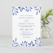 Invitation Mariage Code QR Chic Feuilles Florales Bleues Mini (Debout devant)