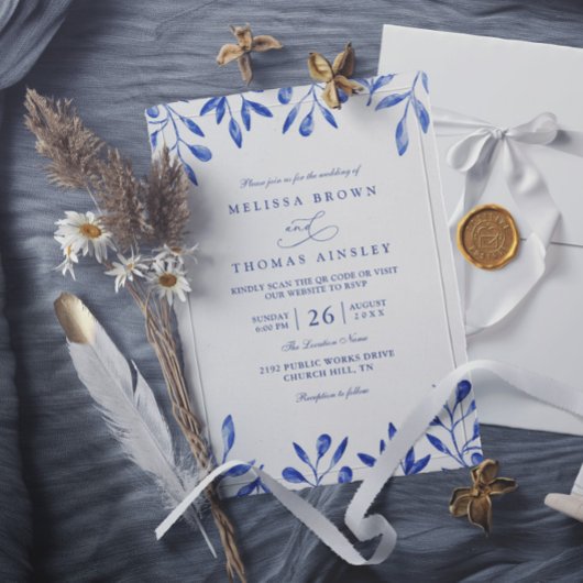 Invitation Mariage Code QR Chic Feuilles Florales Bleues Mini