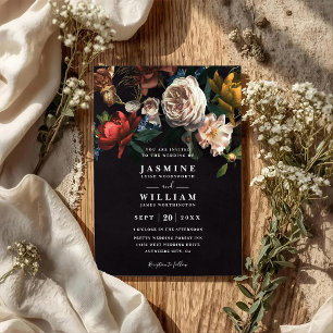 Invitation Mariage Code QR Chic Floral Romantique Foncé Holla