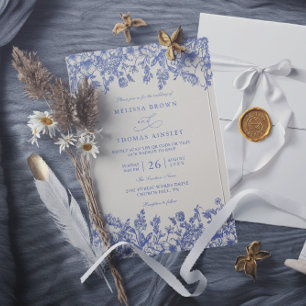 Invitation Mariage Code QR Chic Floral Vintage Bleu Classique