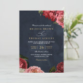 Invitation Mariage Code QR Chic Marine Fleurs de Pivoines Cla (Debout devant)