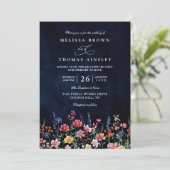 Invitation Mariage Code QR Chic Navy Boho Rustique Fleur Sauv (Debout devant)
