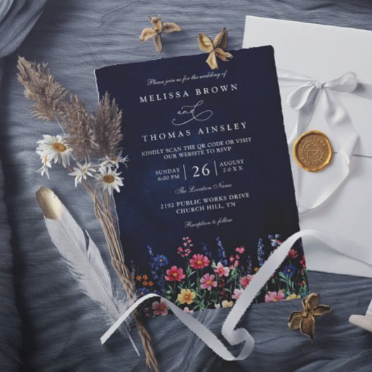 Invitation Mariage Code QR Chic Navy Boho Rustique Fleur Sauv