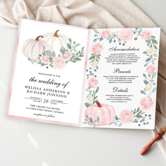 Invitation Mariage Code QR Citrouille Florale Rose Fardée
