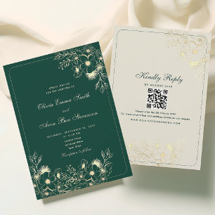 Invitation Mariage Code QR Classique Vert Emeraude