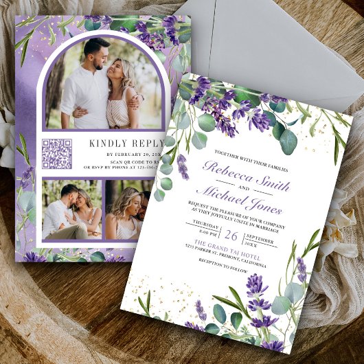 Invitation Mariage Code QR Collage Photo Eucalyptus Lavande