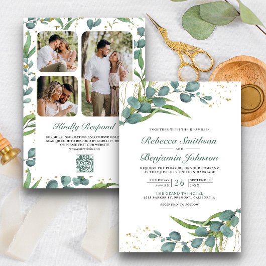 Invitation Mariage Code QR Collage Photo Eucalyptus Rustique