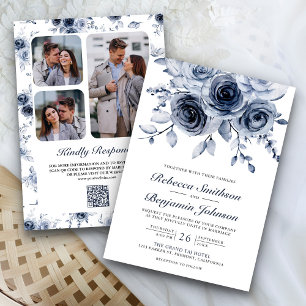 Invitation Mariage Code QR Collage Photo Floral Bleu Poussiér