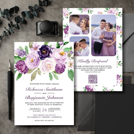 Invitation Mariage Code QR Collage Photo Floral Violet Rustiq