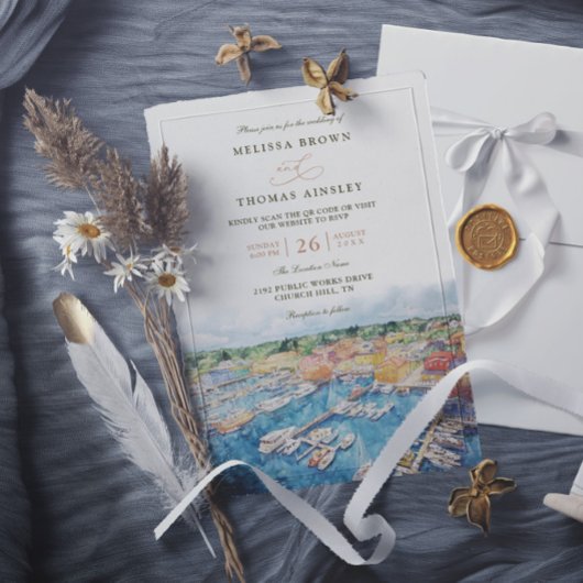 Invitation Mariage code QR côtier du port de Newport à l'aqua