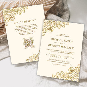 Invitation Mariage Code QR Crème Ivoire Dentelle Dorée