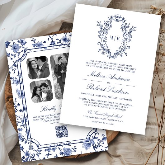 Invitation Mariage Code QR Crête Chinoiserie Bleu et Blanc