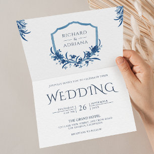 Invitation Mariage Code QR Crête Florale Bleue Rustique Vinta