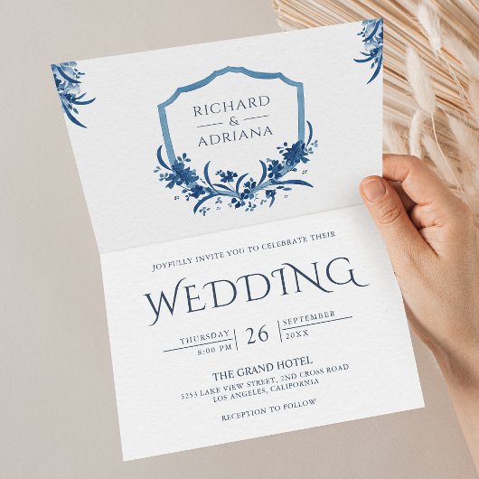 Invitation Mariage Code QR Crête Florale Bleue Rustique Vinta